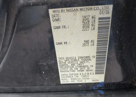 2016 Nissan Altima 2.5/2.5 S/2.5 Sl/2.5 Sr/2.5 Sv from USA, damaged, VIN 1N4AL3AP2GN352931